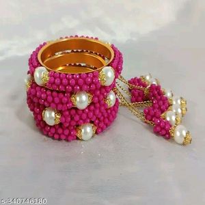 2 Pink & Gold-Toned Beaded Bangles with Latkan