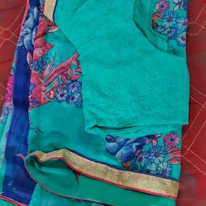 Cyan Colour Floral Print Saree With Blouse
