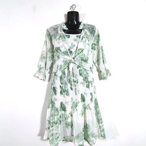 White With Green Printed Dress (Women's)