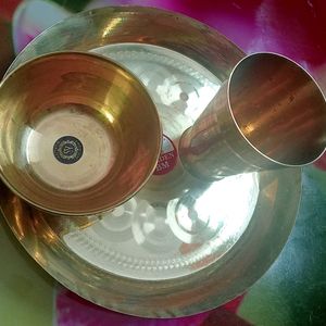 Brand New Brass Plate, Glass, And Bowl Set