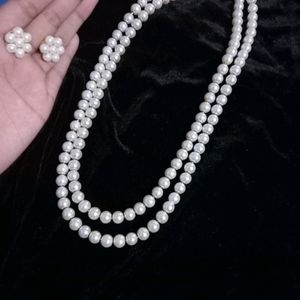 2 layer white Pearl Mala with  flower Design earri