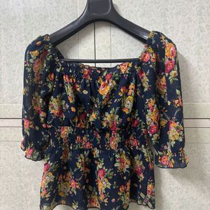 KASSUALLY Blue Floral Clinched Waist Smocked Top