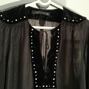 Zara Long Sleeve Tassel Black Velvet Studs Blouse