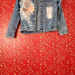 Blue Washed Denim Jacket With Embroidered Detail