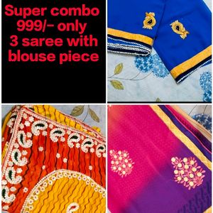 Super Combo Of 3 New Saree With Blouse Piece