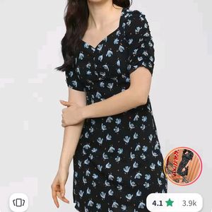 Black Floral Crepe A Line Dress