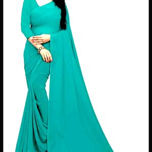 Plain  Sky Blue Saree Without Blouse