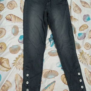 High Waist Stylish Black Jeans With Buttons