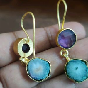 Gold Polished Earrings With Stones