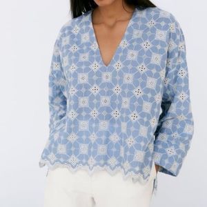 Zara Blue And White Embroidered Top Size :M