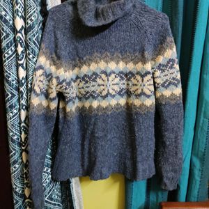 Blue High-Neck Woollen Pullover