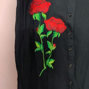 Black Full Sleeves Shirt With Rose Applique