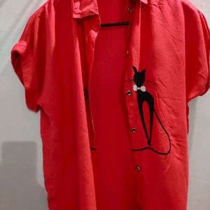 Red Colour Shirt With Cat