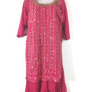 Rose Pink Embroidery Kurta With Sharara Set(Women)