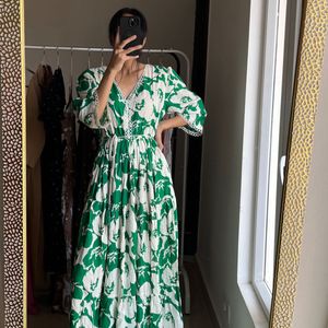 Floral Print A-line Maxi Dress (Green)