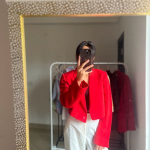 Mandarin Collar Long Sleeve Red Crop Blazer