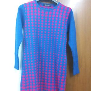 Warm Woolen Blue Top Beautiful Magenta Polka Dots