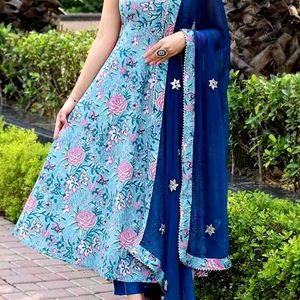 Cotton Blend Anarkali Kurta With Pant And Dupatta