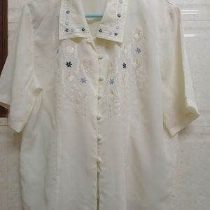 Cream Coloured Embroidered Women Plus Size Shirt