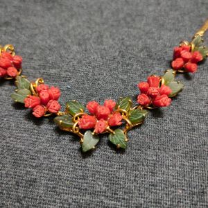 Pretty Red Coral And Green Jade Gold Plated Flower