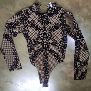 Black and beige Floral Design Bodysuit