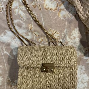 Beige Wicker Bag With Chain Handle