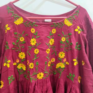 Red Colour Top With Beautiful Flower Design