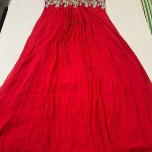 Red Long Flared Gown With Heavy Embroidery