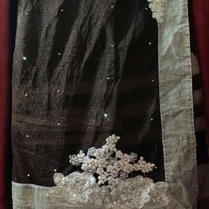 Chocolate Brown Saree With Silver Embroidery