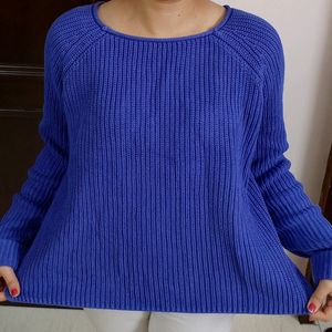 Women Blue Oversized Knited Rib Cotton Sweater