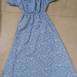 Cottage Core Blue Dress With Tie Up Neckline