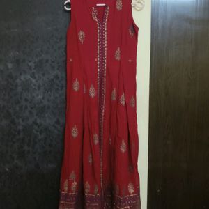 Red Front Cut Anarkali Kurti With Gold Print