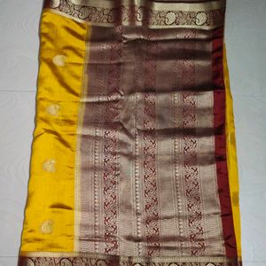 Mustard Yellow Maroon Colour Saree