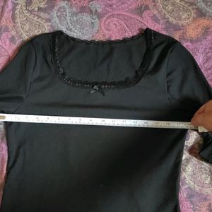 Black Ribbed Top With Lace Neck