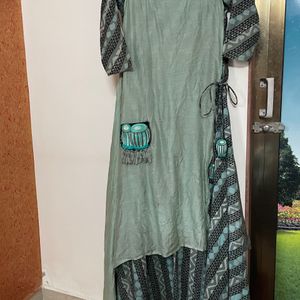 Pista Green And Grey Floor Length Kurti