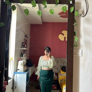 Full Sleeveless Light Green Top And Gree Skirt