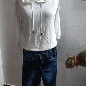 Combo Of Jeans And Cotton Hoody White Top