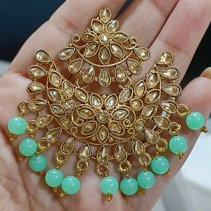 Sea Green With Golden Kundan Earrings