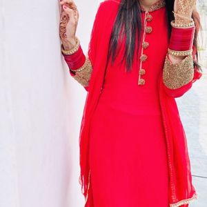 Cut Daana Work Red Kurta,Plazo And Duppta