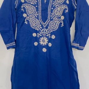 Elegant Blue Kurti With White Paislay Embroidery