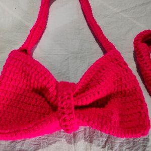 Hand Made Crochet Beautiful Bow Bag Bright Pink