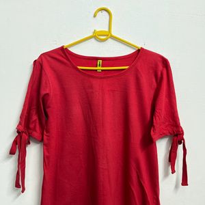 Red Regular Top With Tie-Up Sleeves