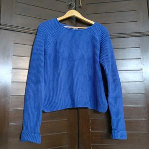 Women Blue Oversized Knited Rib Cotton Sweater