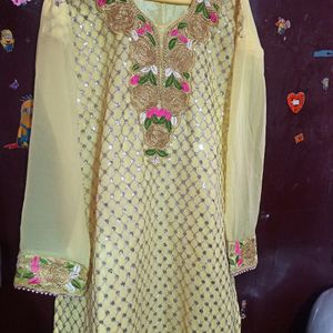 Sequin Yellow Pallazo Semi Stitched Suit