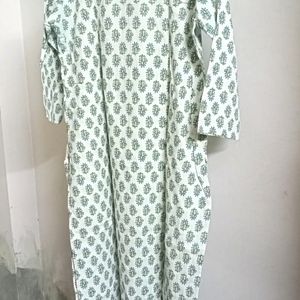 White And Green Printed Cotton Kurta