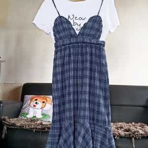 Checked Flare Dress With T Shirt Attached