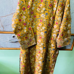 Mustard Floral Print Kurta With Dark Blue Pant