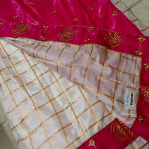 Pink,White And Golden Festive Saree