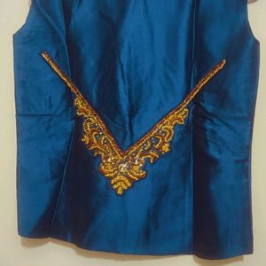 Blue Jacket & Golden Party Wear Dress For Girl