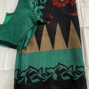 Black Saree With Green And Red Design